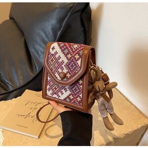 Woven Pattern Brown Crossbody Bag with Charm